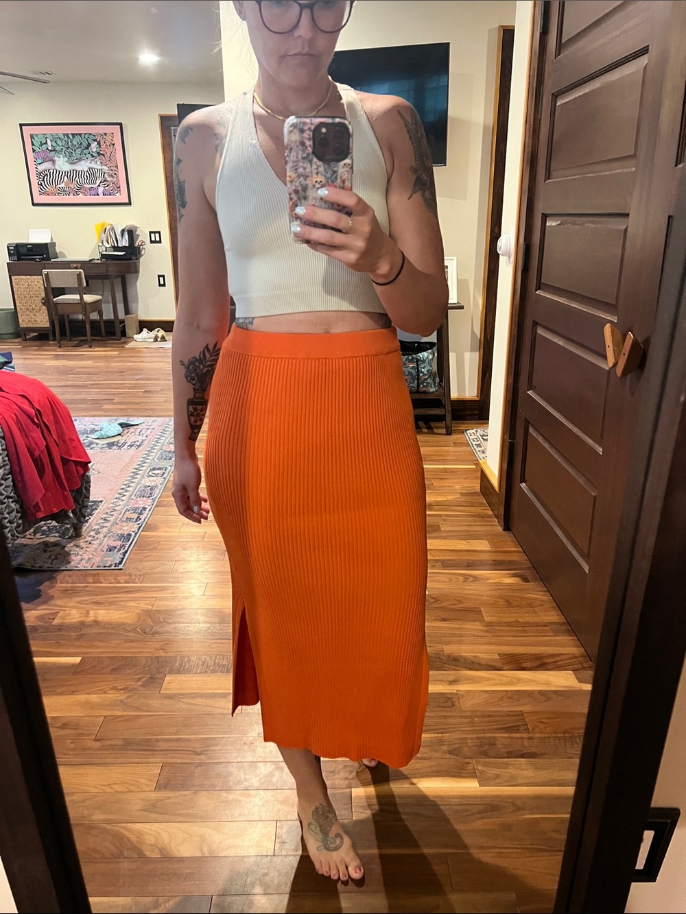 Orange Ribbed Midi Skirt with Both Side Slit - Women's